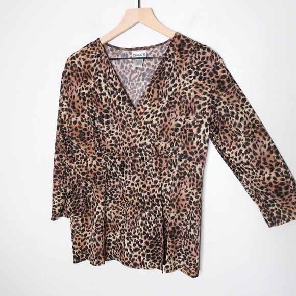 Chico's Womens Top Size 1 Medium Cheetah Print Sparkle V-neck Babydoll Faux Wrap - Picture 3 of 6